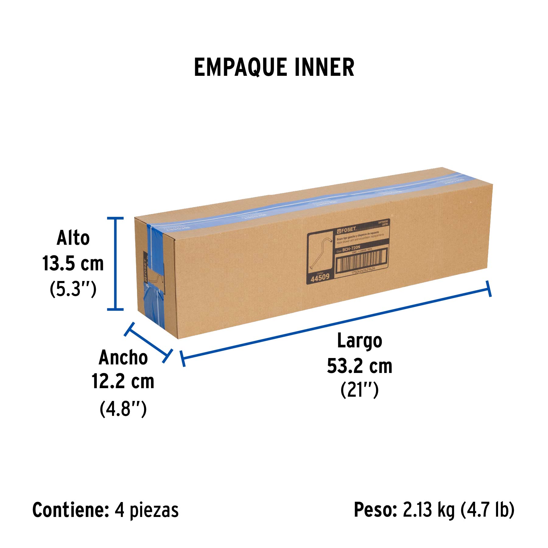 Brazo y chapetón tipo gancho para regadera, 50 cm, satinado