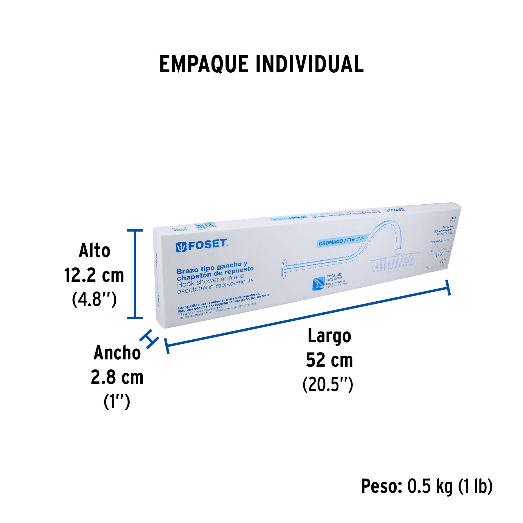 Brazo y chapetón tipo gancho para regadera, 50 cm