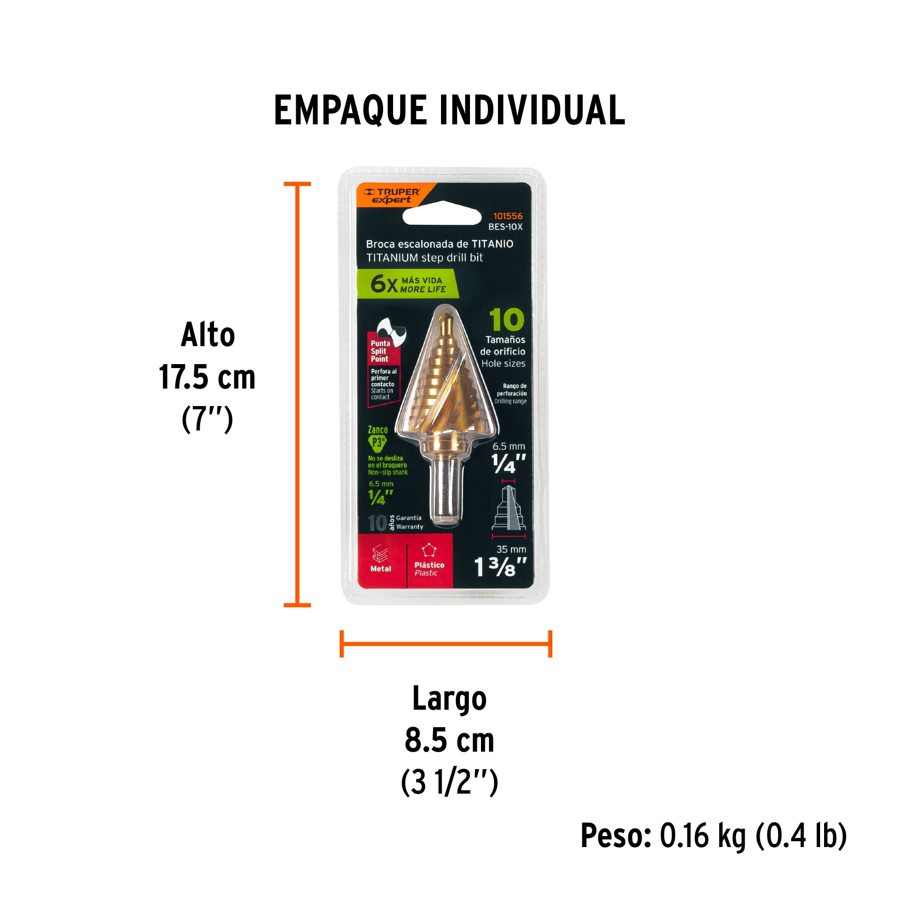 Broca escalonada titanio 10 escalones 1/4' a 1-3/8', Expert
