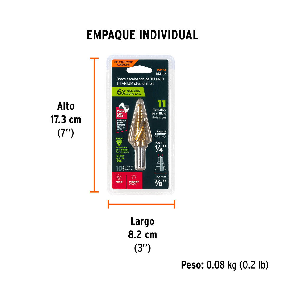 Broca escalonada titanio 11 escalones 1/4' a 7/8', Expert