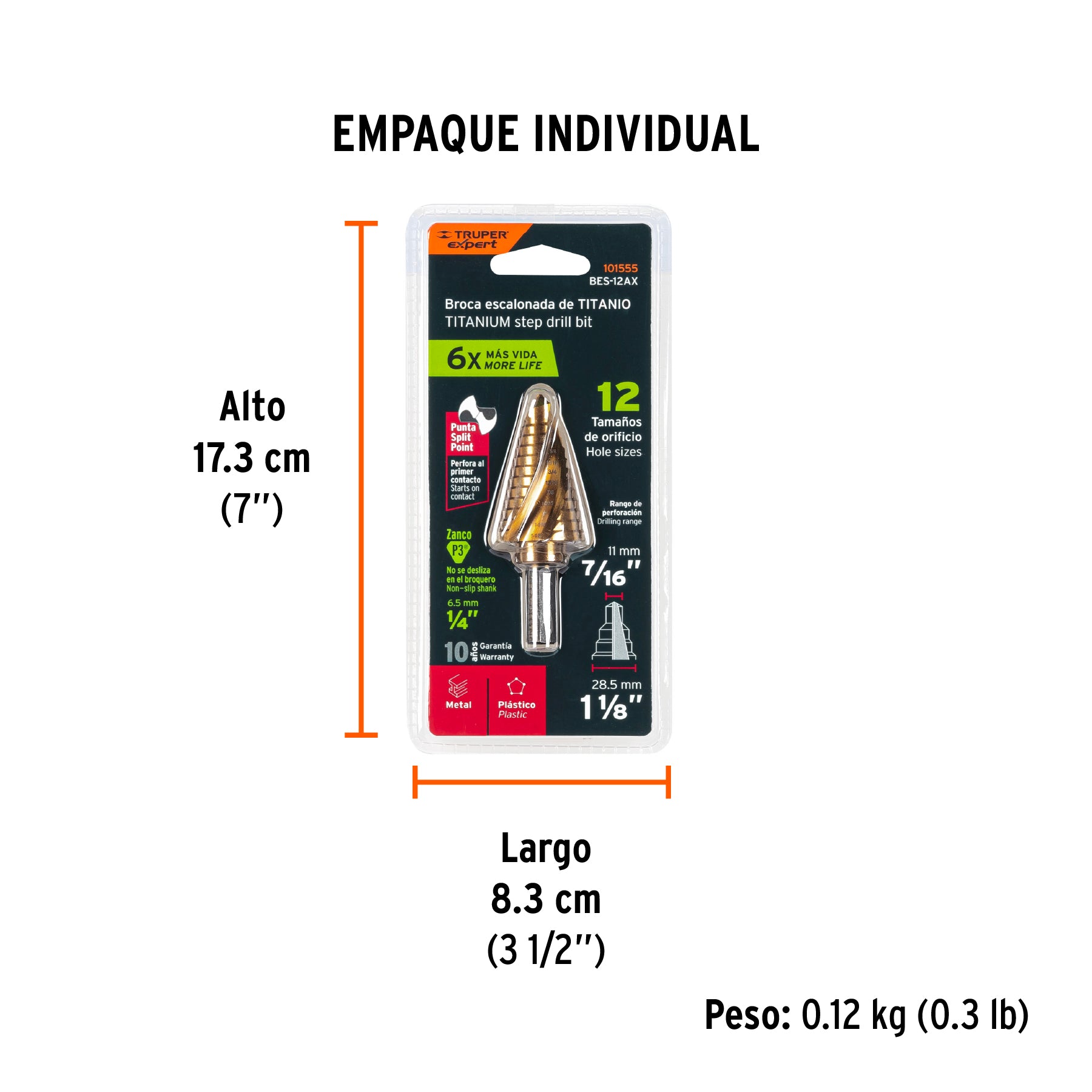 Broca escalonada titanio 12 escalones 7/16' a 1-1/8', Expert