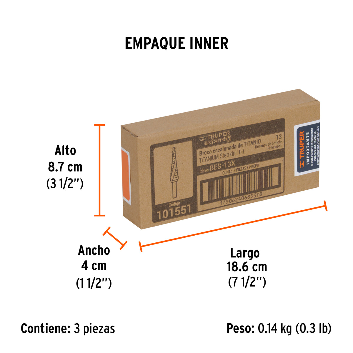 Broca escalonada titanio 13 escalones 1/8' a 1/2', Expert