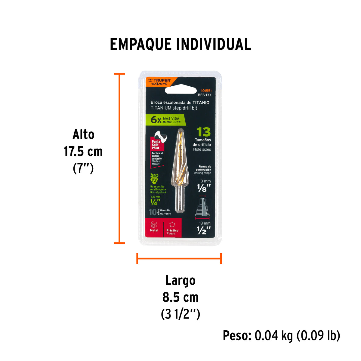Broca escalonada titanio 13 escalones 1/8' a 1/2', Expert