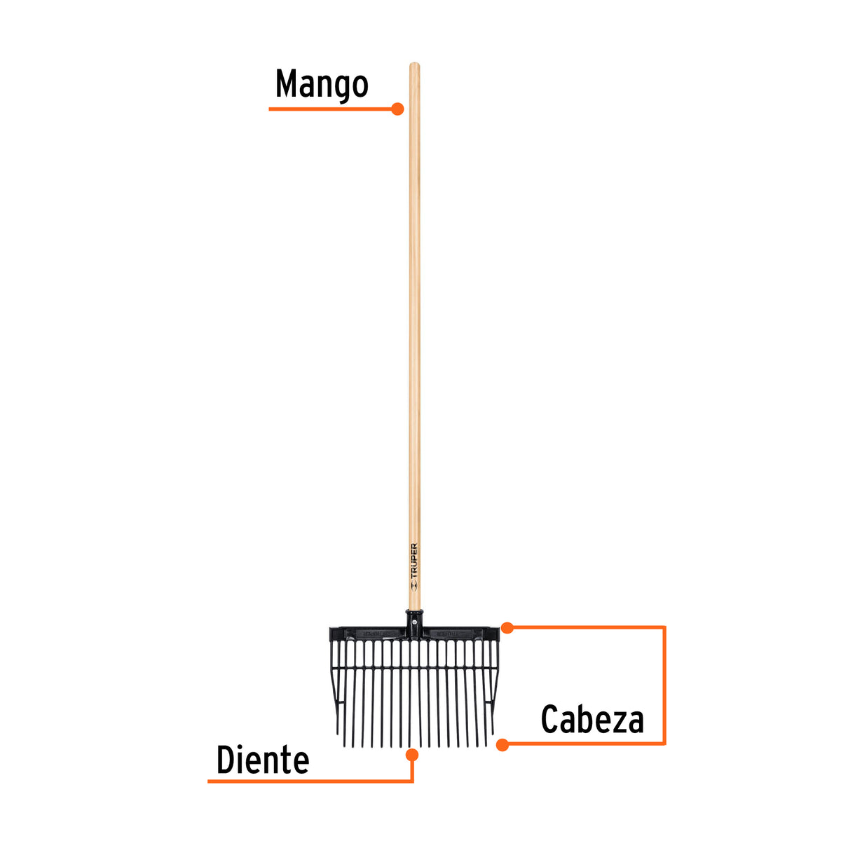 Bieldo cabeza plástica, mango de madera,16 dientes