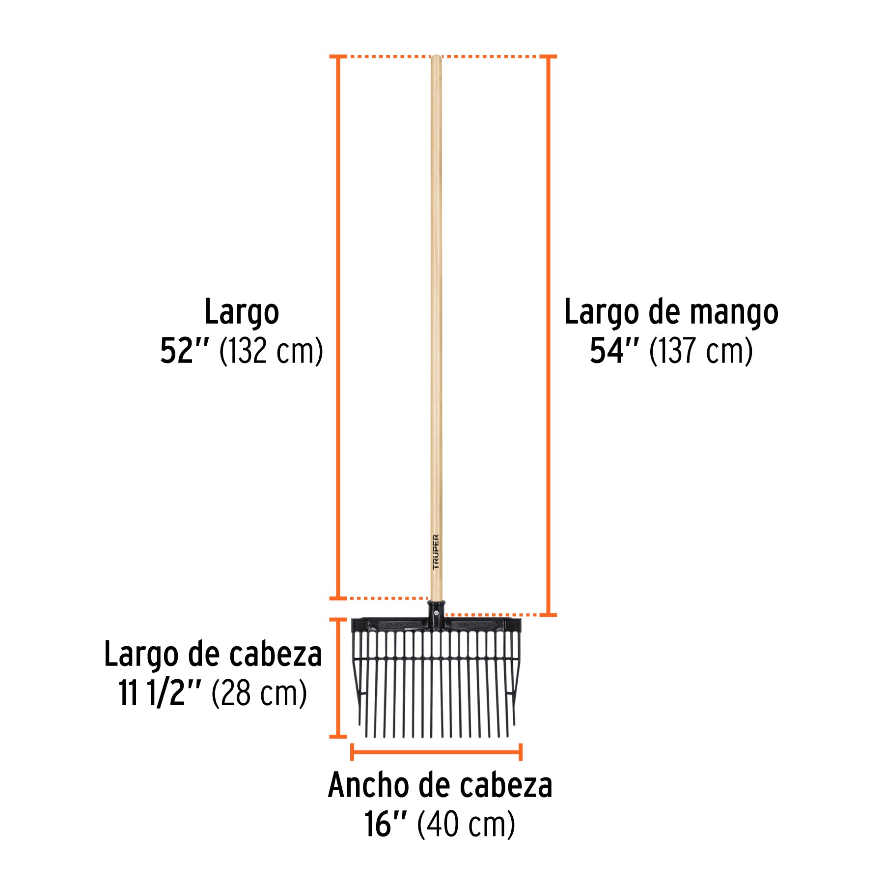Bieldo cabeza plástica, mango de madera,16 dientes