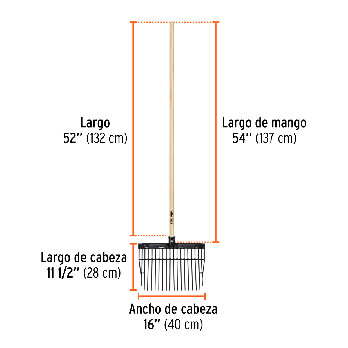 Bieldo cabeza plástica, mango de madera,16 dientes