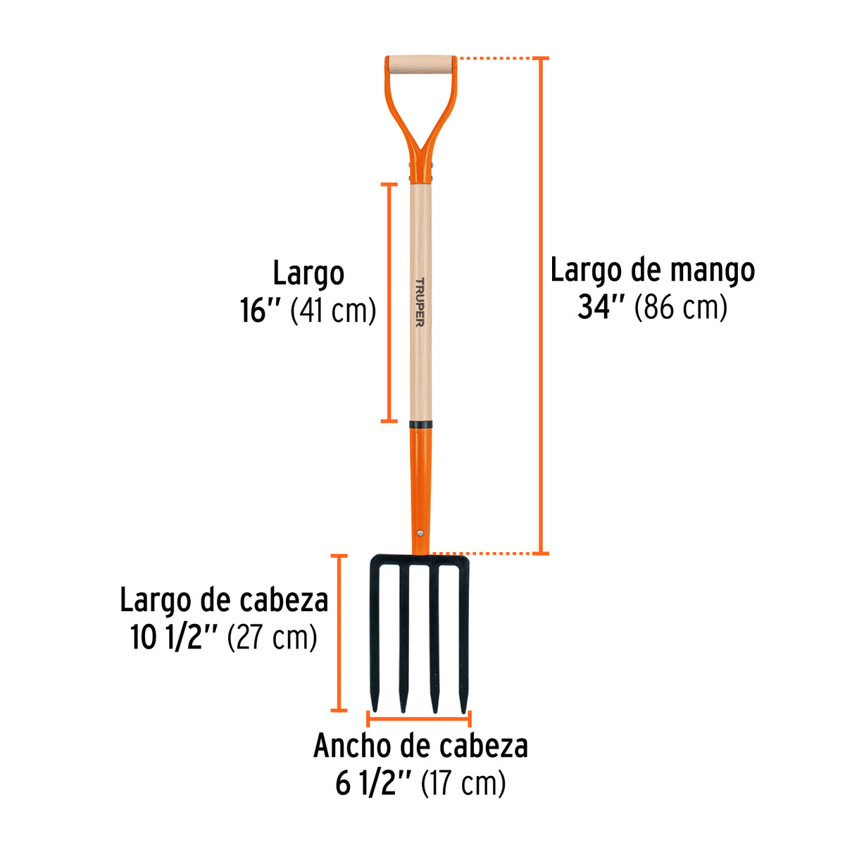 Bieldo para jardín, 4 dientes, puño metálico, mango 30"