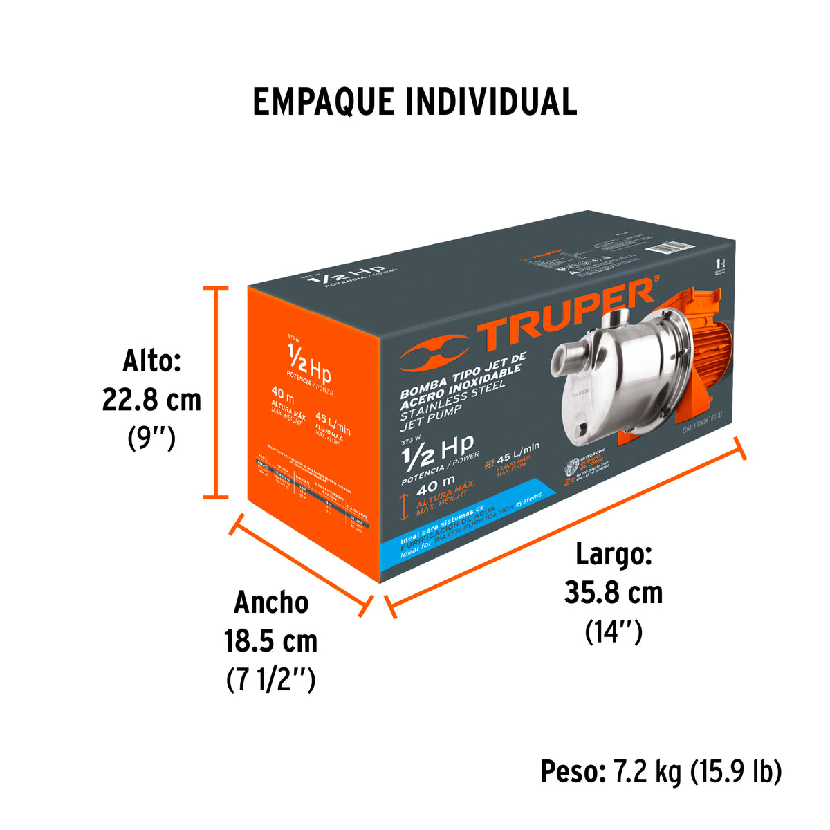 Bomba eléctrica para agua, tipo jet, acero inoxidable, 1/2HP