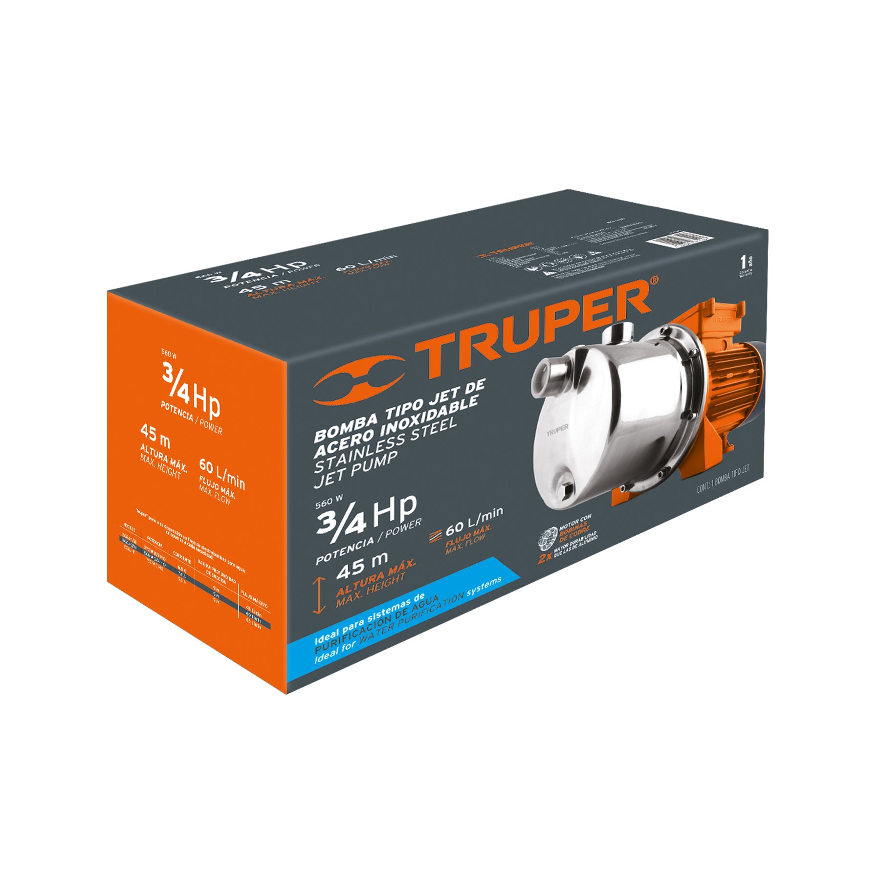 Bomba eléctrica para agua, tipo jet, acero inoxidable, 3/4HP