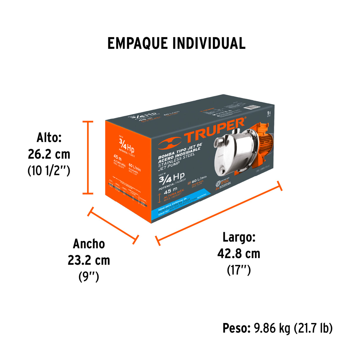 Bomba eléctrica para agua, tipo jet, acero inoxidable, 3/4HP