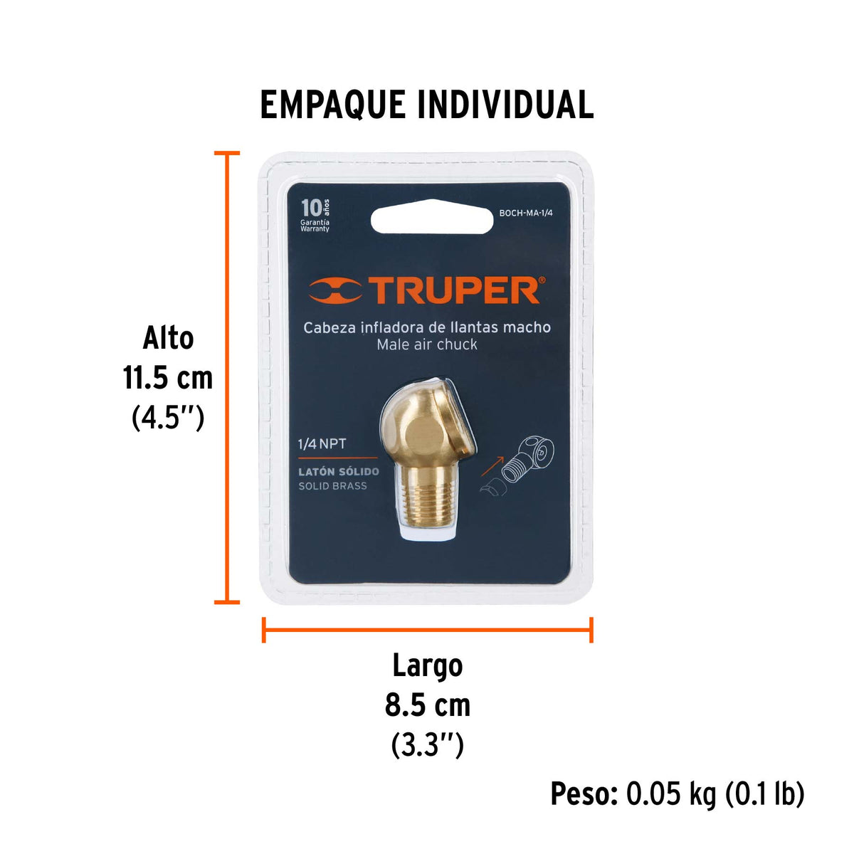 Inflador cabeza sencilla, macho, cuerda 1/4 npt