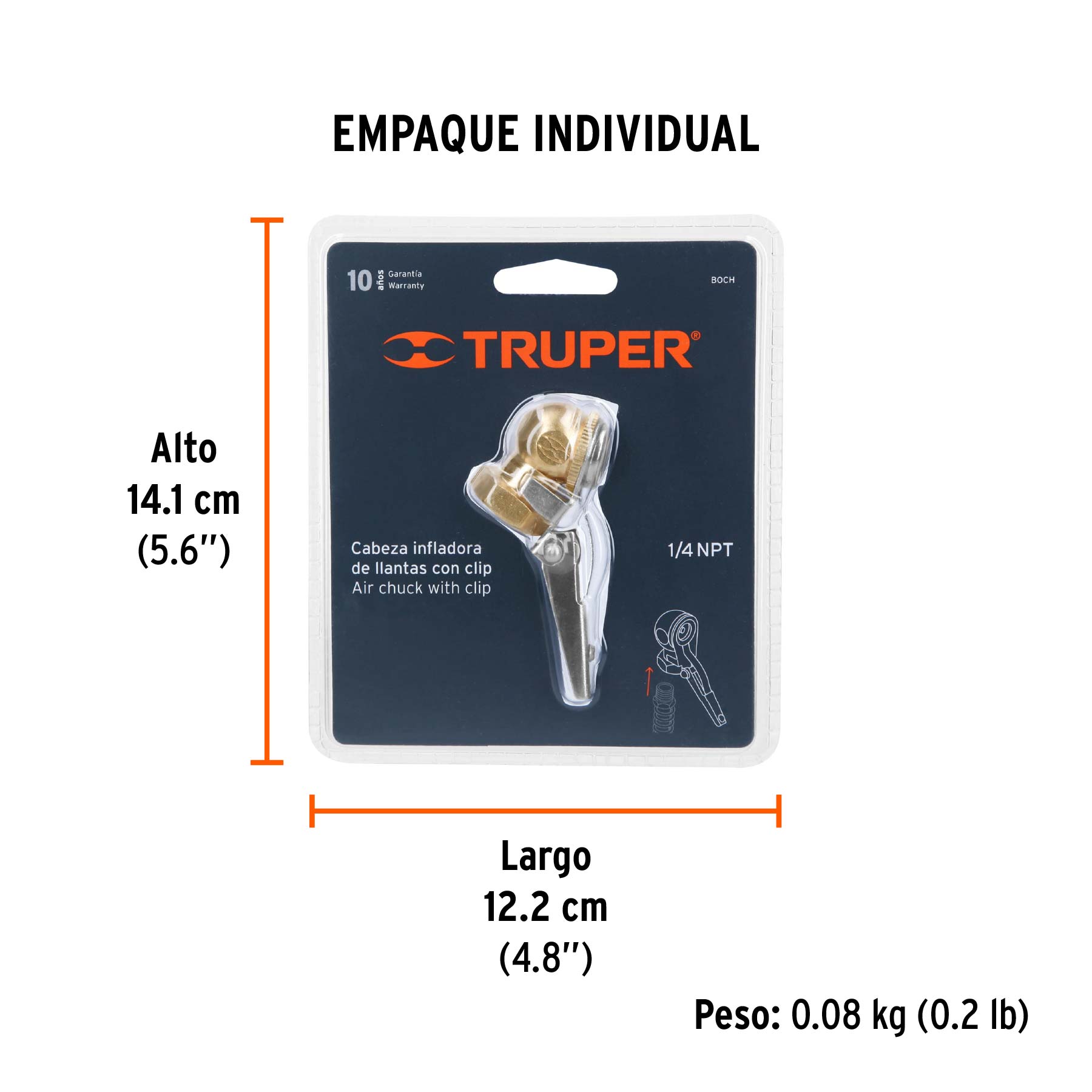 Inflador de latón con clip, cuerda 1/4 npt