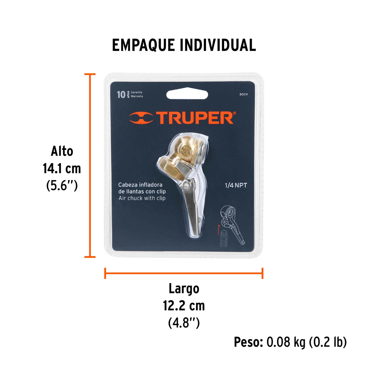 Inflador de latón con clip, cuerda 1/4 npt