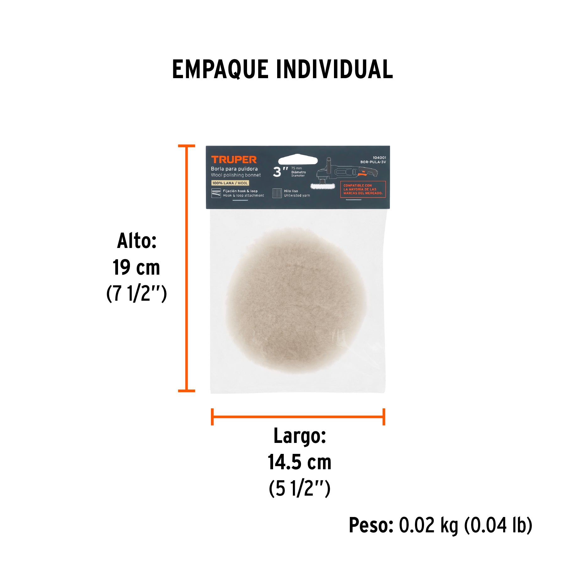 Borla p/pulir de lana de 3' hook and loop, TRUPER