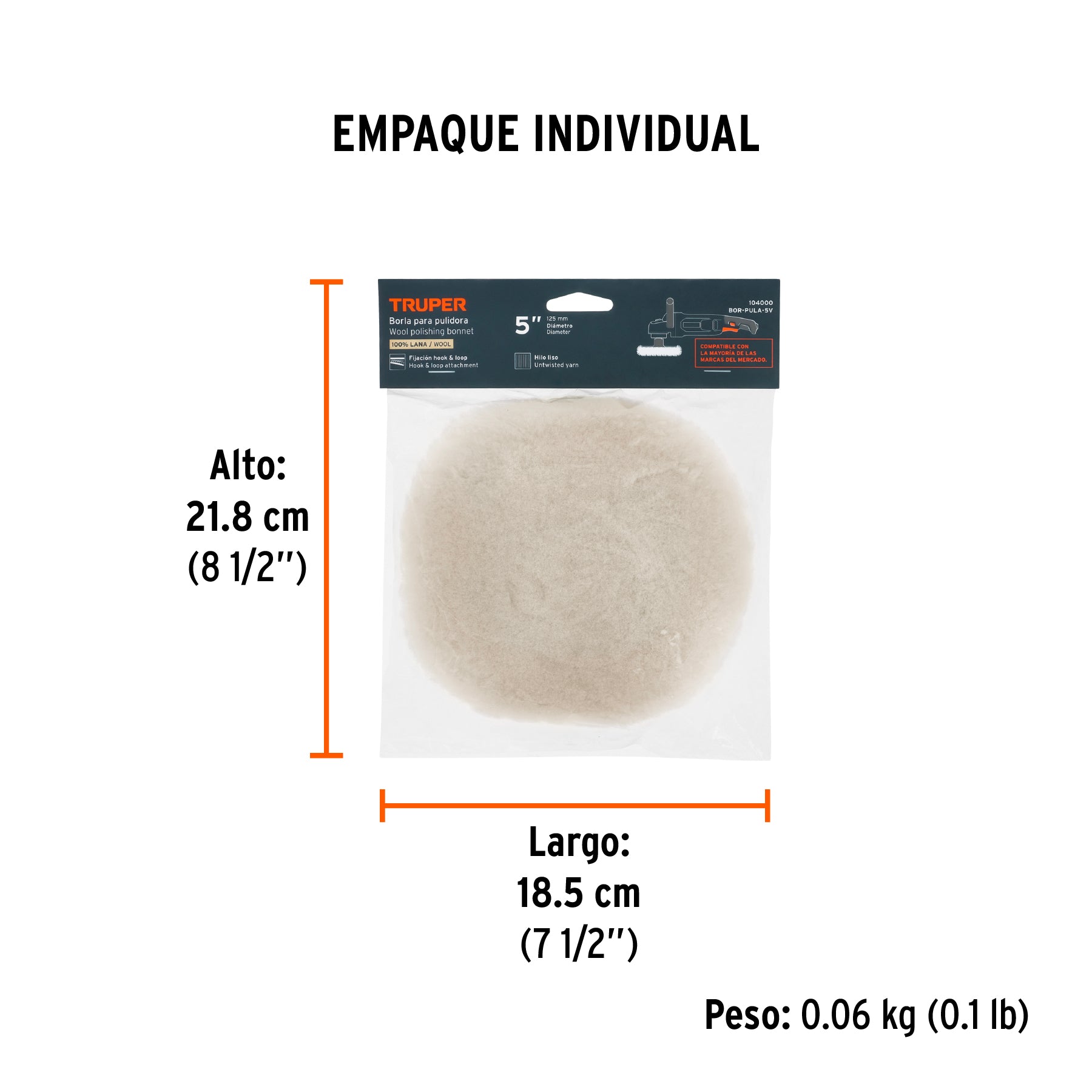Borla p/pulir de lana de 5' hook and loop, TRUPER