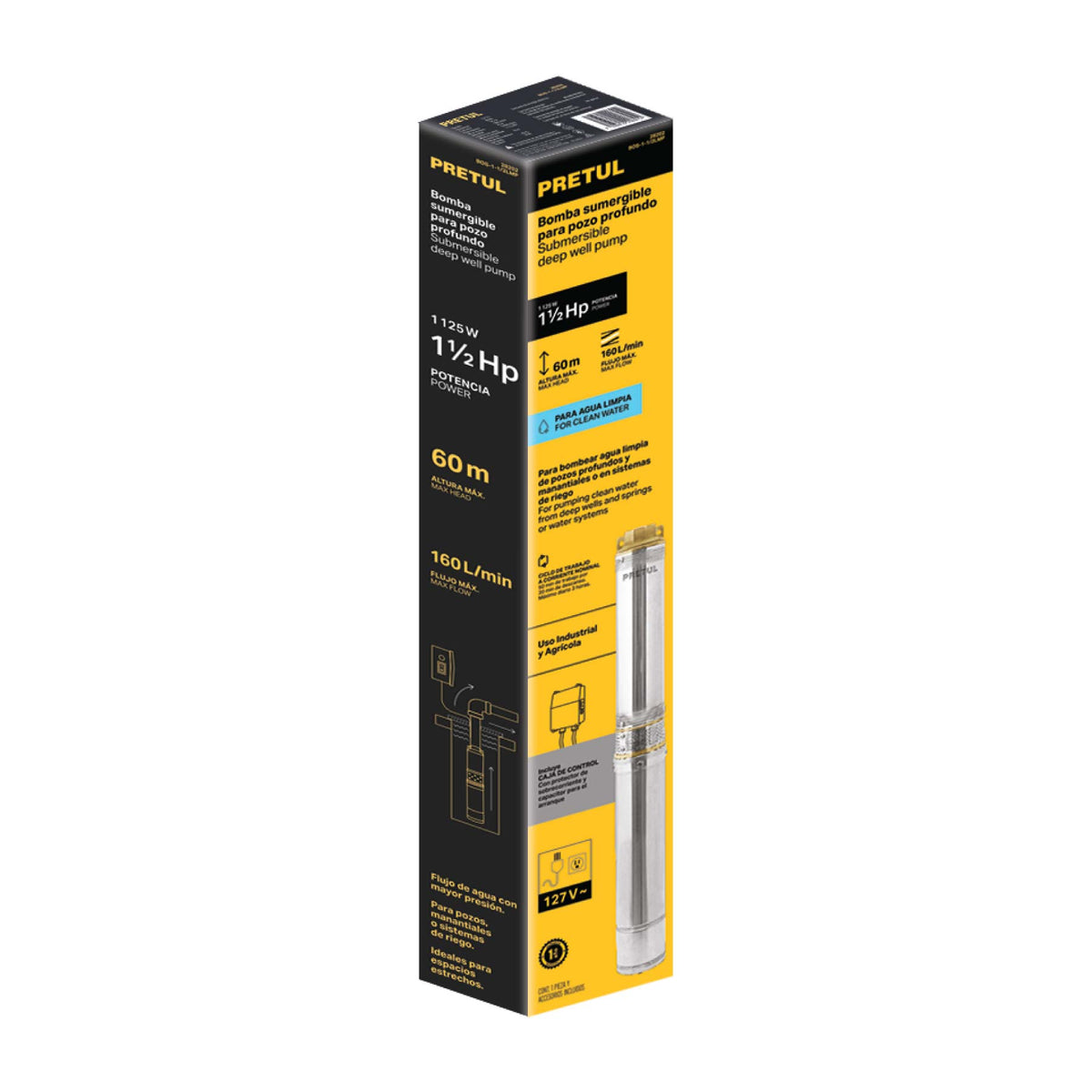Bomba sumergible, tipo bala, 1-1/2 HP, agua limpia, Pretul