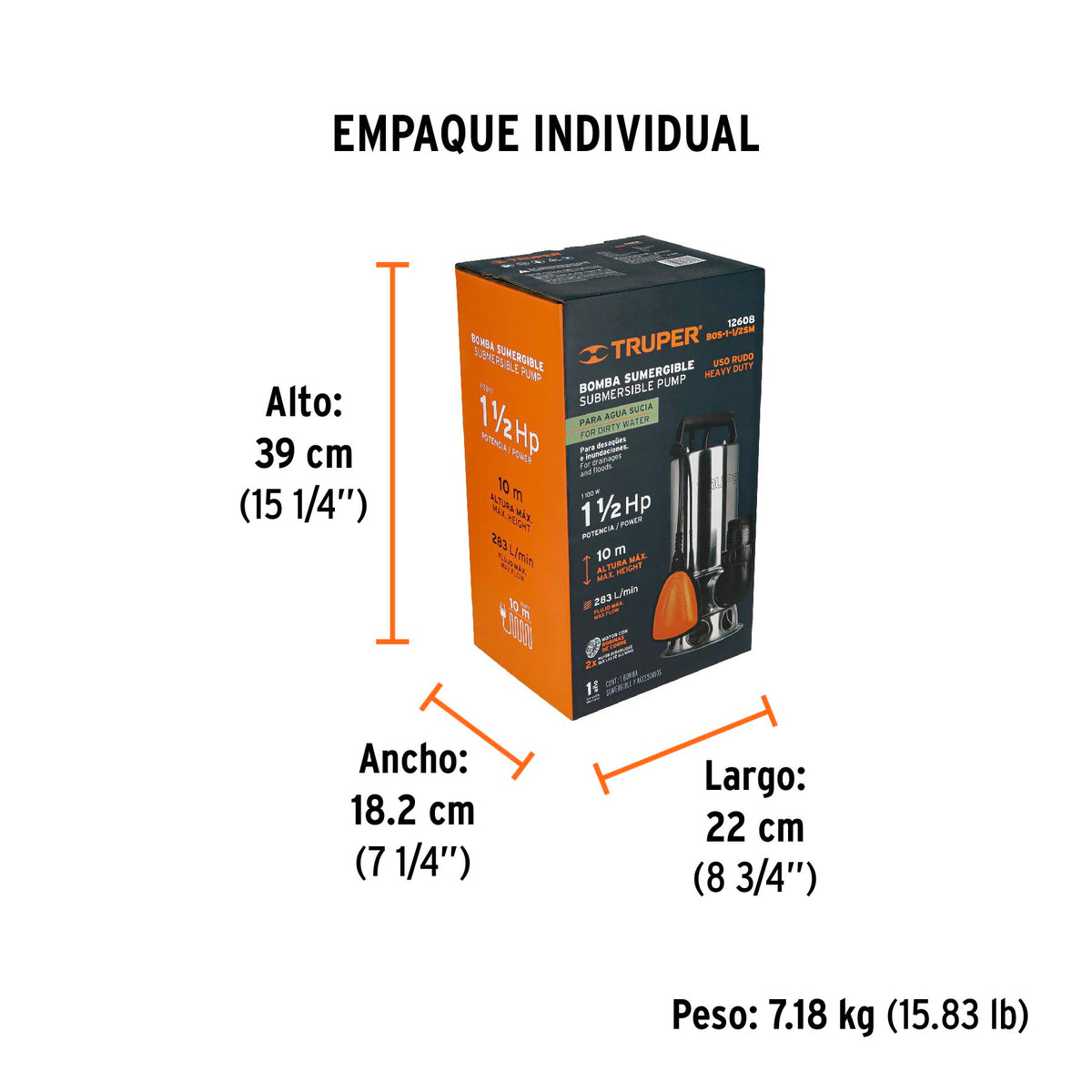 Bomba sumergible metálica para agua sucia 1-1/2 HP