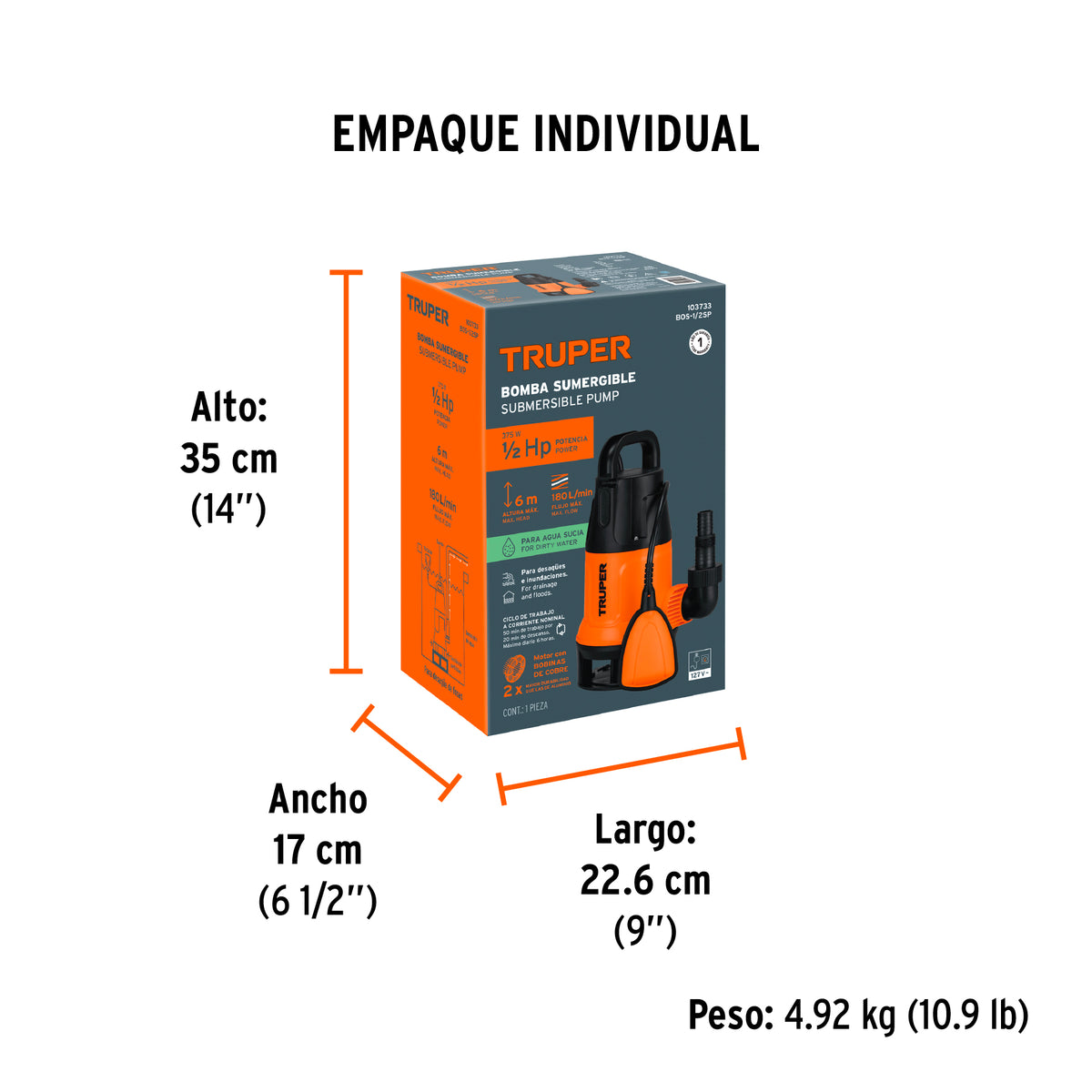 Bomba sumergible plástica para agua sucia 1/2HP, Truper