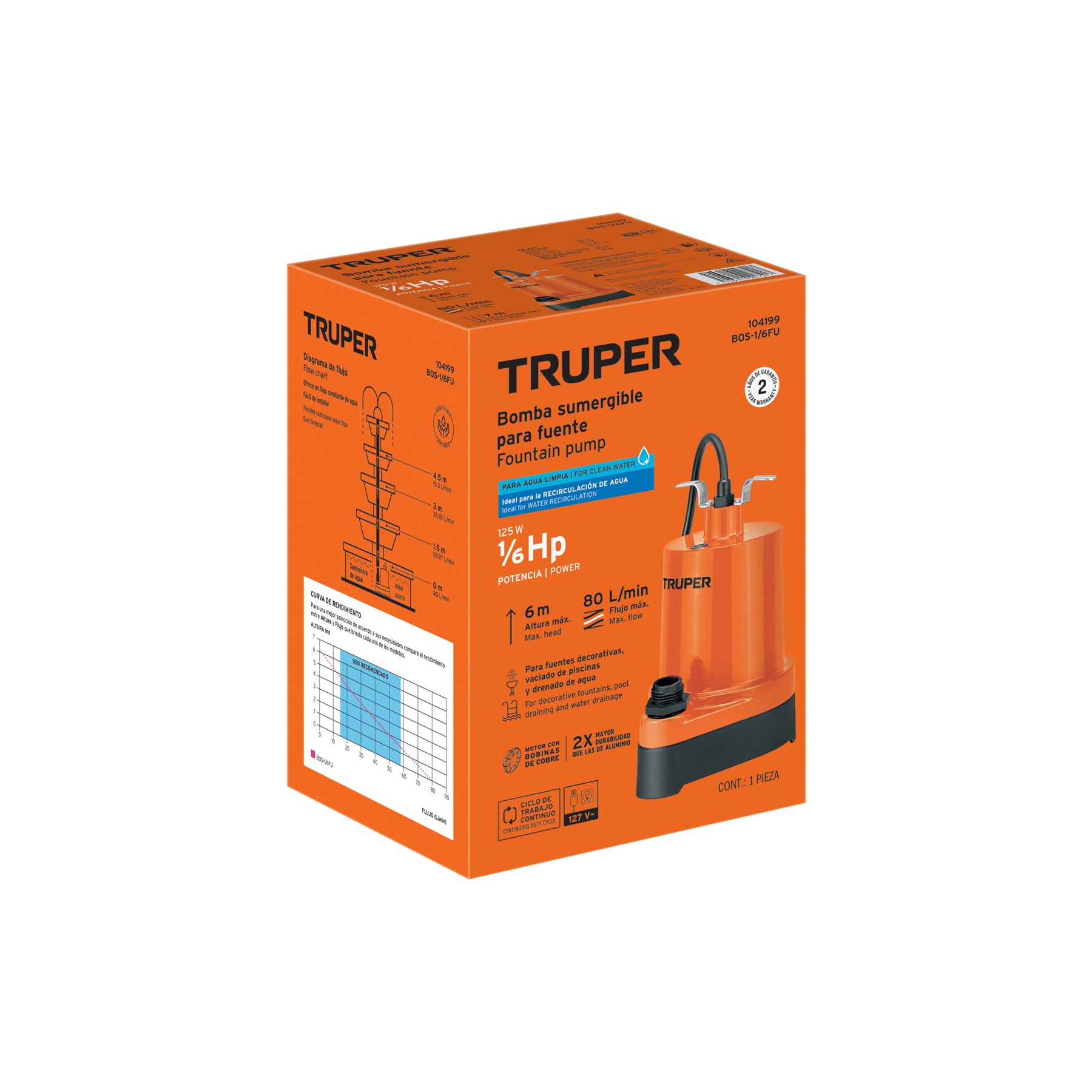 Bomba sumergible para fuente, 1/6 HP, TRUPER