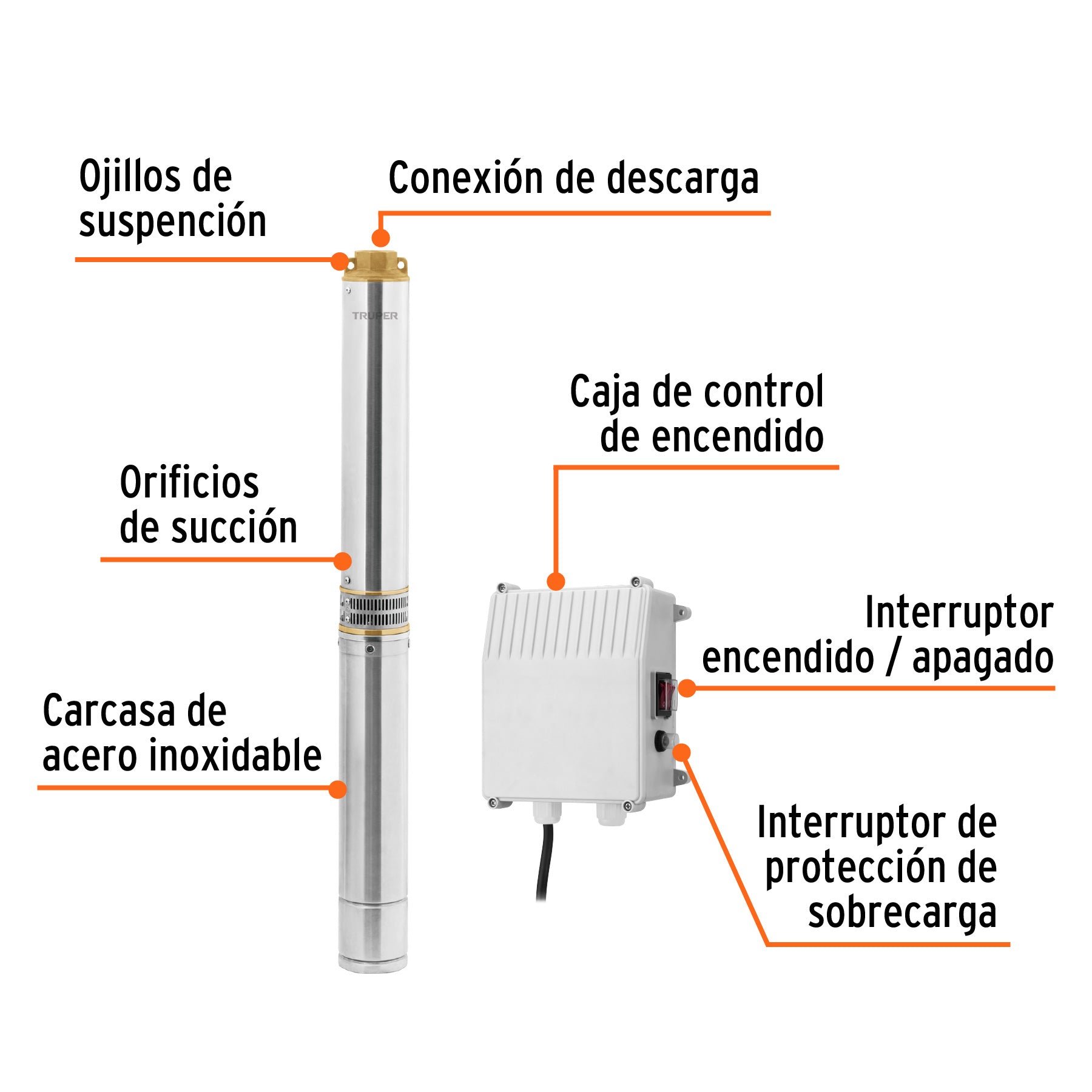 Bomba sumergible tipo bala, 2HP, uso agrícola, 220V, TRUPER