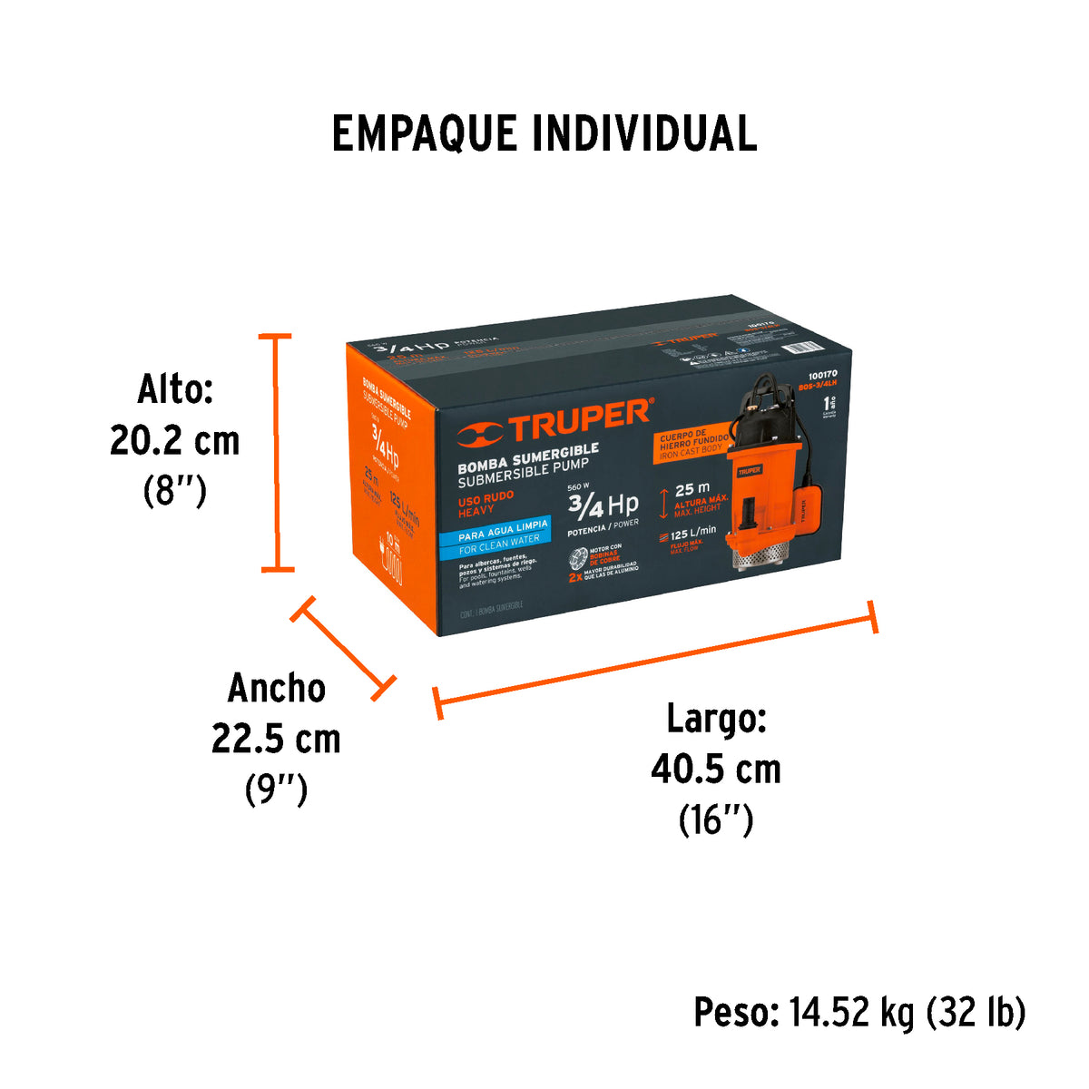 Bomba sumergible de hierro fundido para agua limpia 3/4 HP