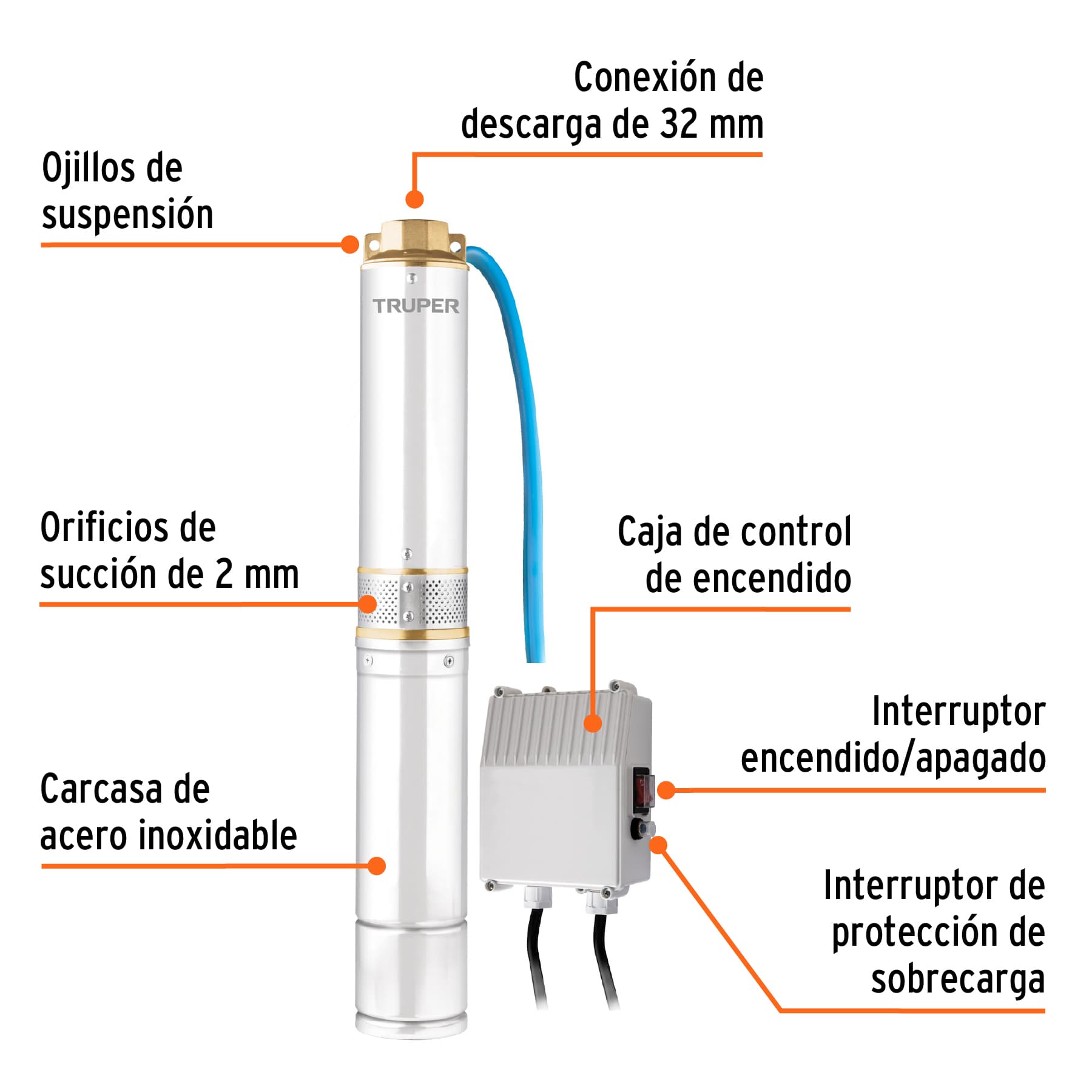 Bomba sumergible tipo bala para agua limpia 3/4 Hp