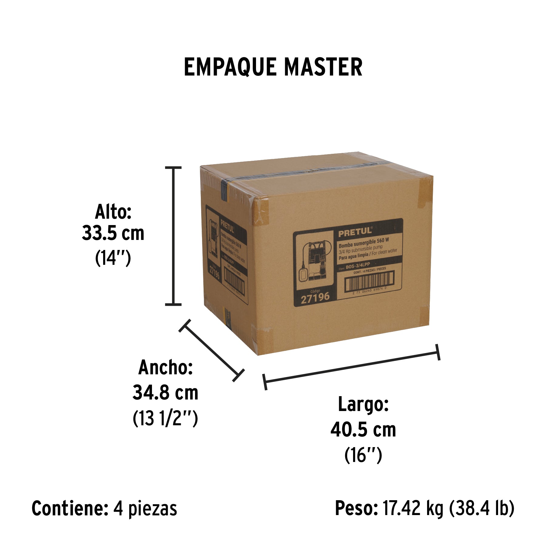 Bomba sumergible plástica 3/4 HP para agua limpia, Pretul