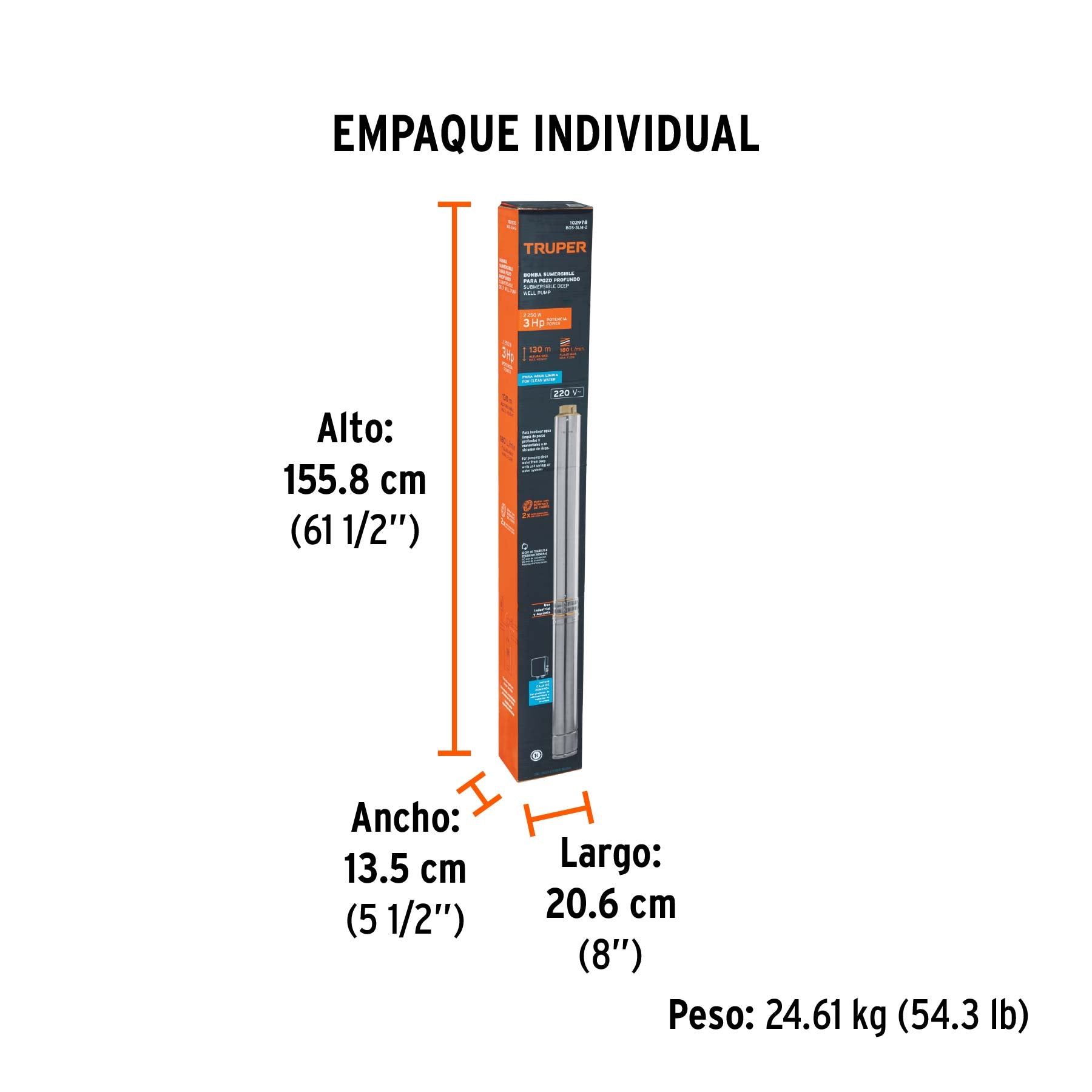 Bomba sumergible, tipo bala, 3 HP, a/limpia, 220V, Truper