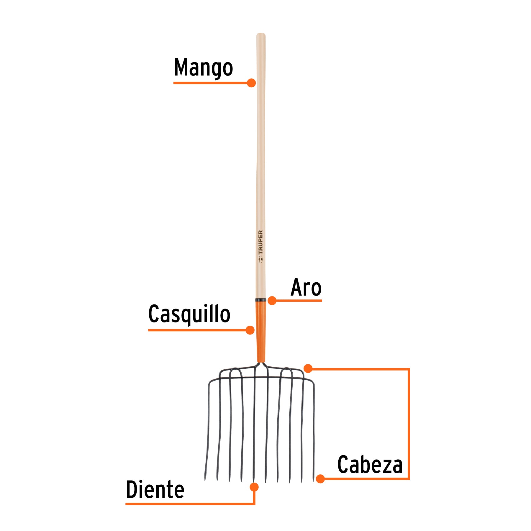 Bieldo para estiércol 10 dientes, mango 48', Truper