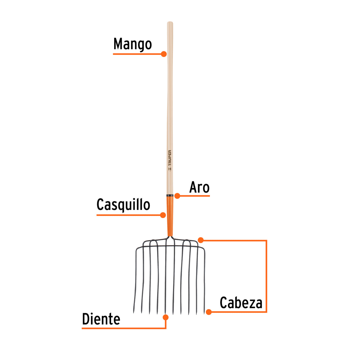 Bieldo para estiércol 10 dientes, mango 48', Truper