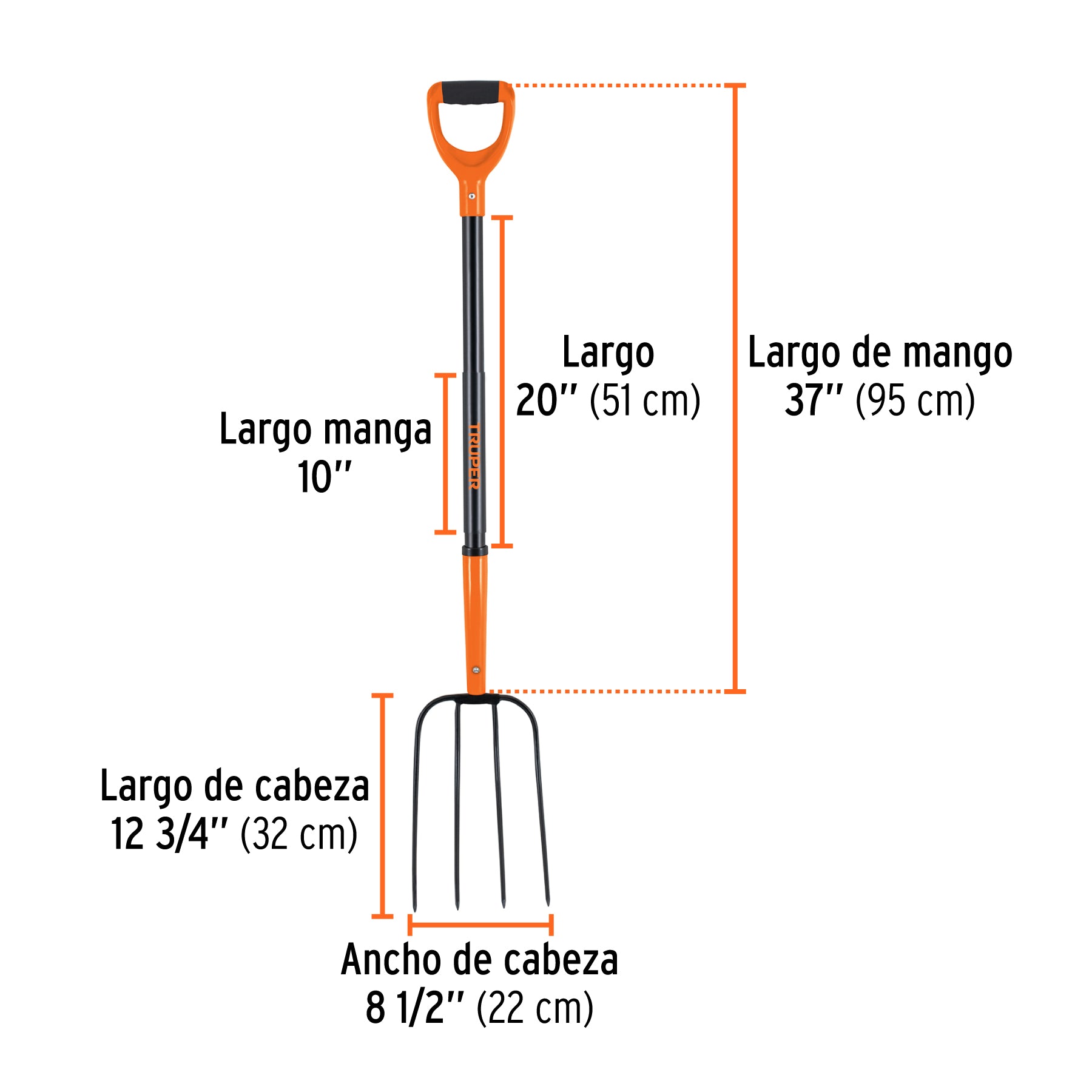 Bieldo para paja, 4 dientes, mango de acero 37', puño 'D'