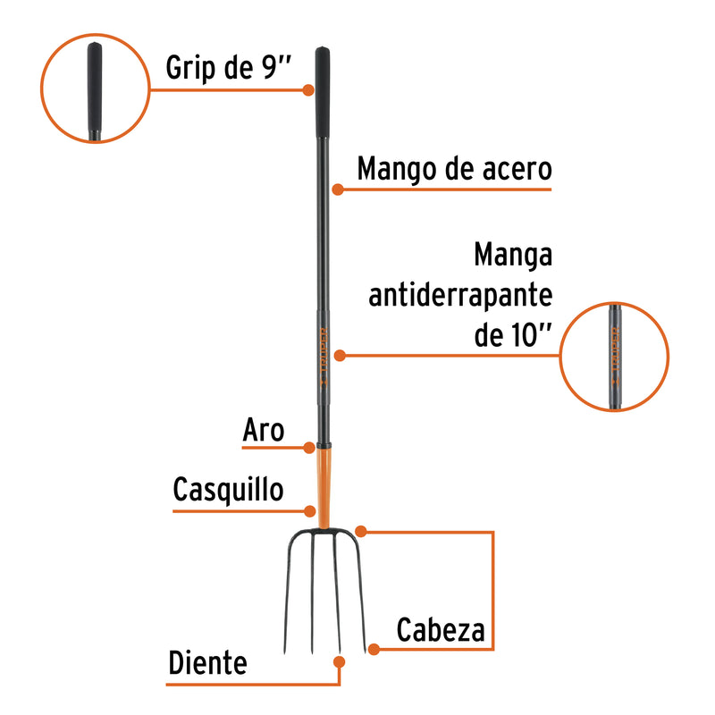 Bieldo para paja, 4 dientes, mango de acero 48'