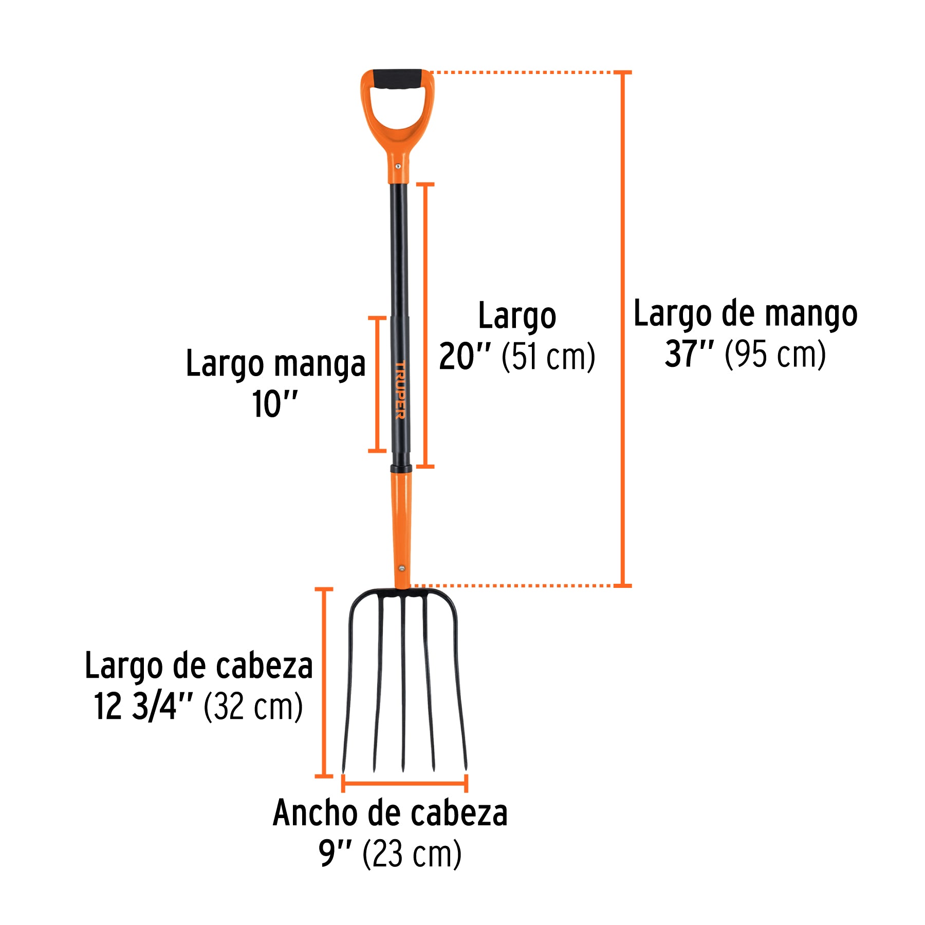 Bieldo para paja, 5 dientes, mango de acero 37', puño 'D'