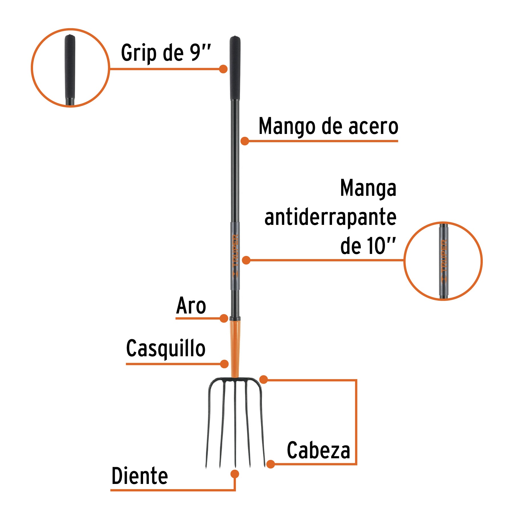 Bieldo para paja, 5 dientes, mango de acero 48'