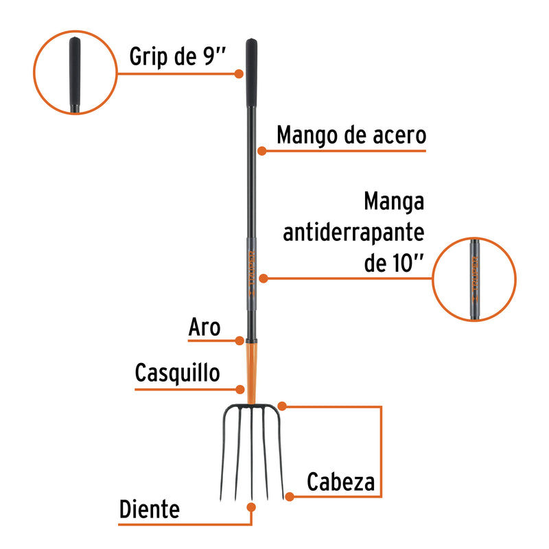 Bieldo para paja, 5 dientes, mango de acero 48'