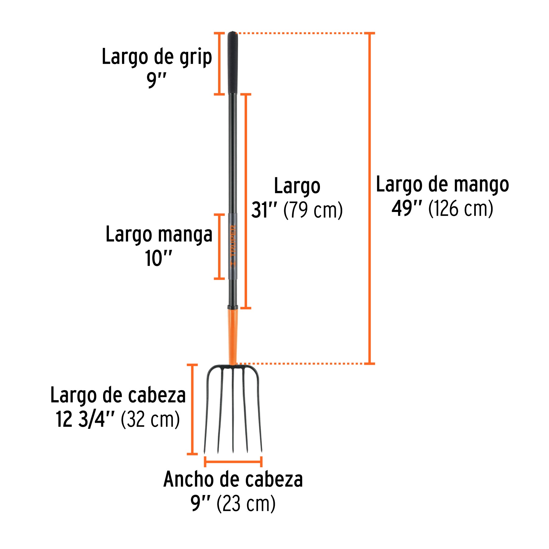 Bieldo para paja, 5 dientes, mango de acero 48'