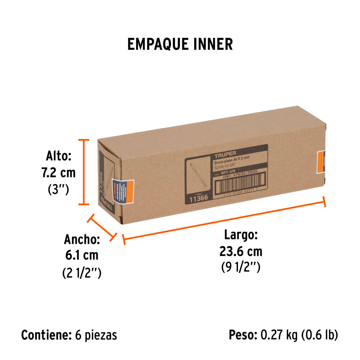 Broca plana de manita, 3/8"
