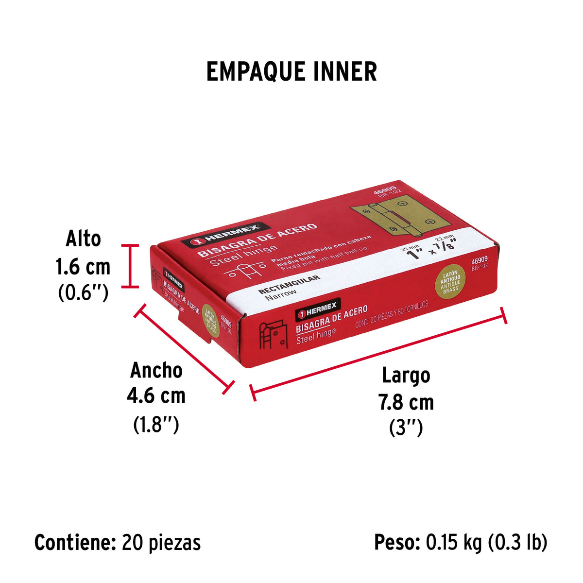 Bisagra rectangular 1' latón antiguo, Hermex