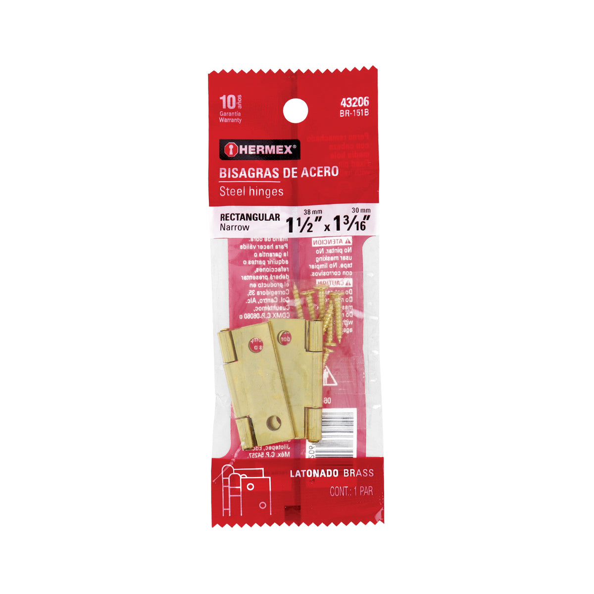 Bisagra rectangular 1-1/2",latón, blister con 2 pzas