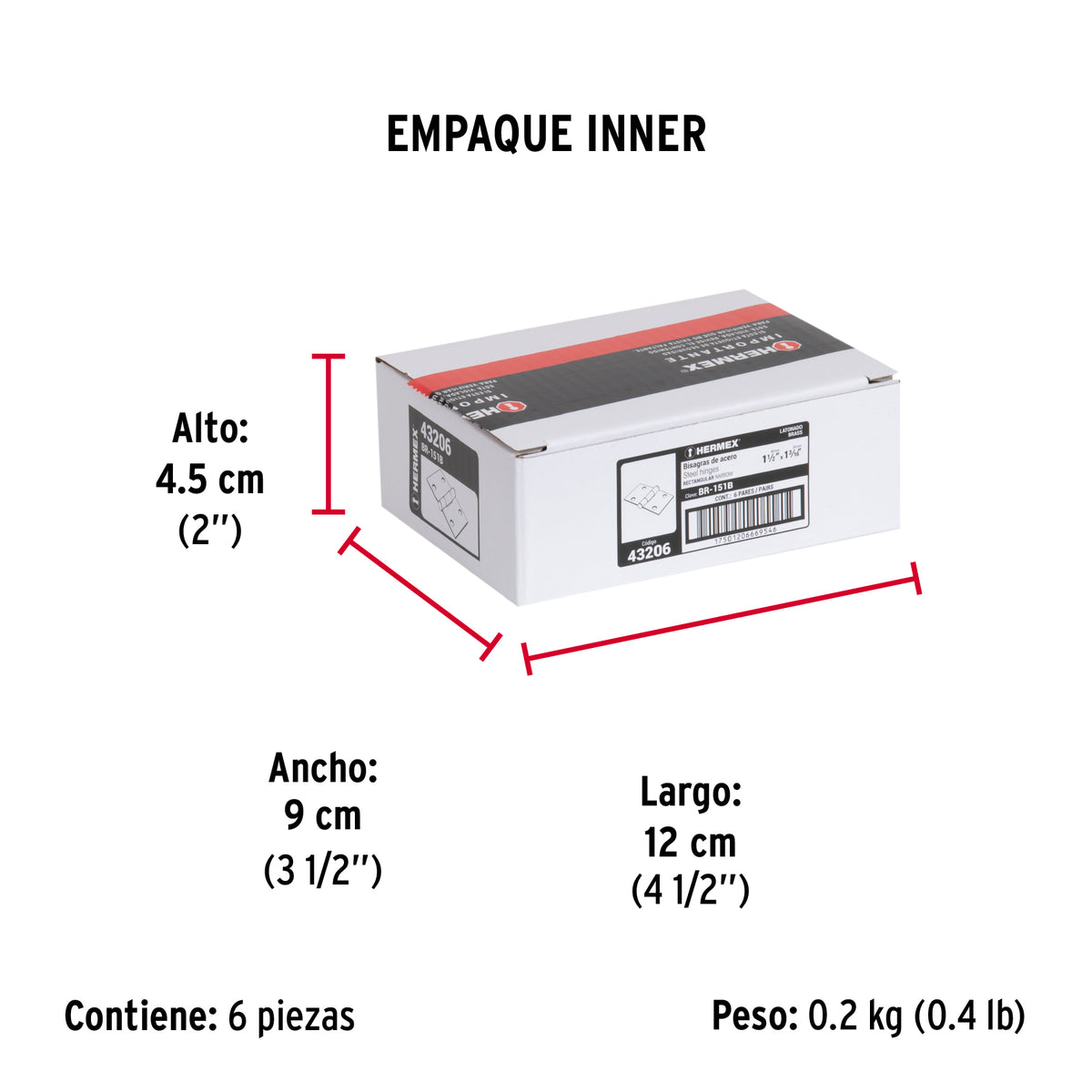 Bisagra rectangular 1-1/2",latón, blister con 2 pzas