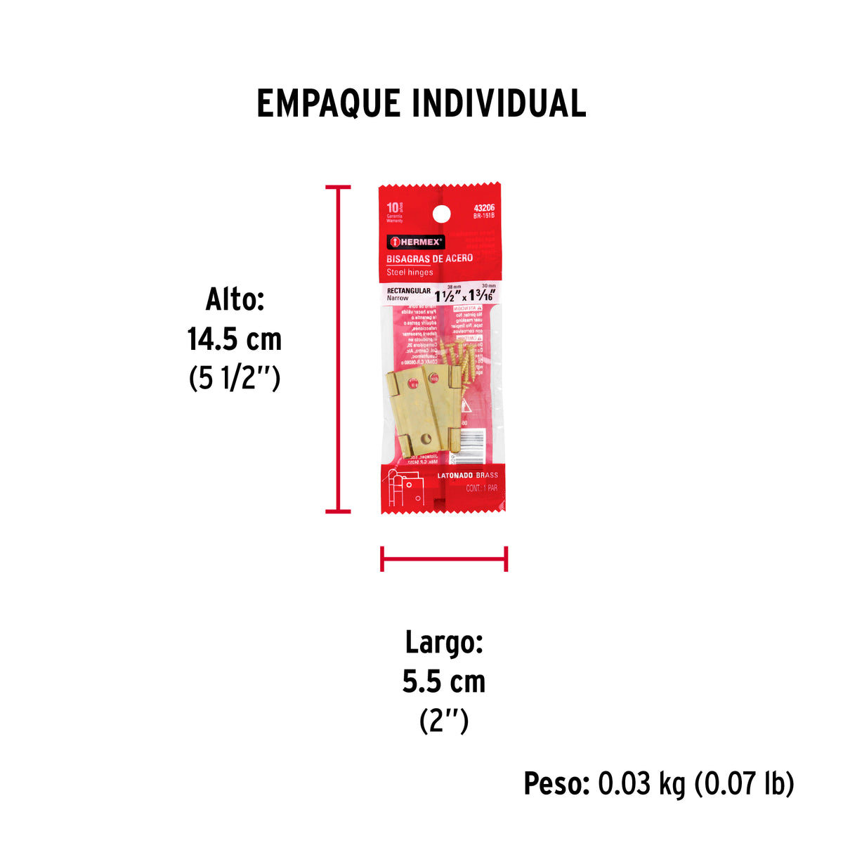 Bisagra rectangular 1-1/2",latón, blister con 2 pzas