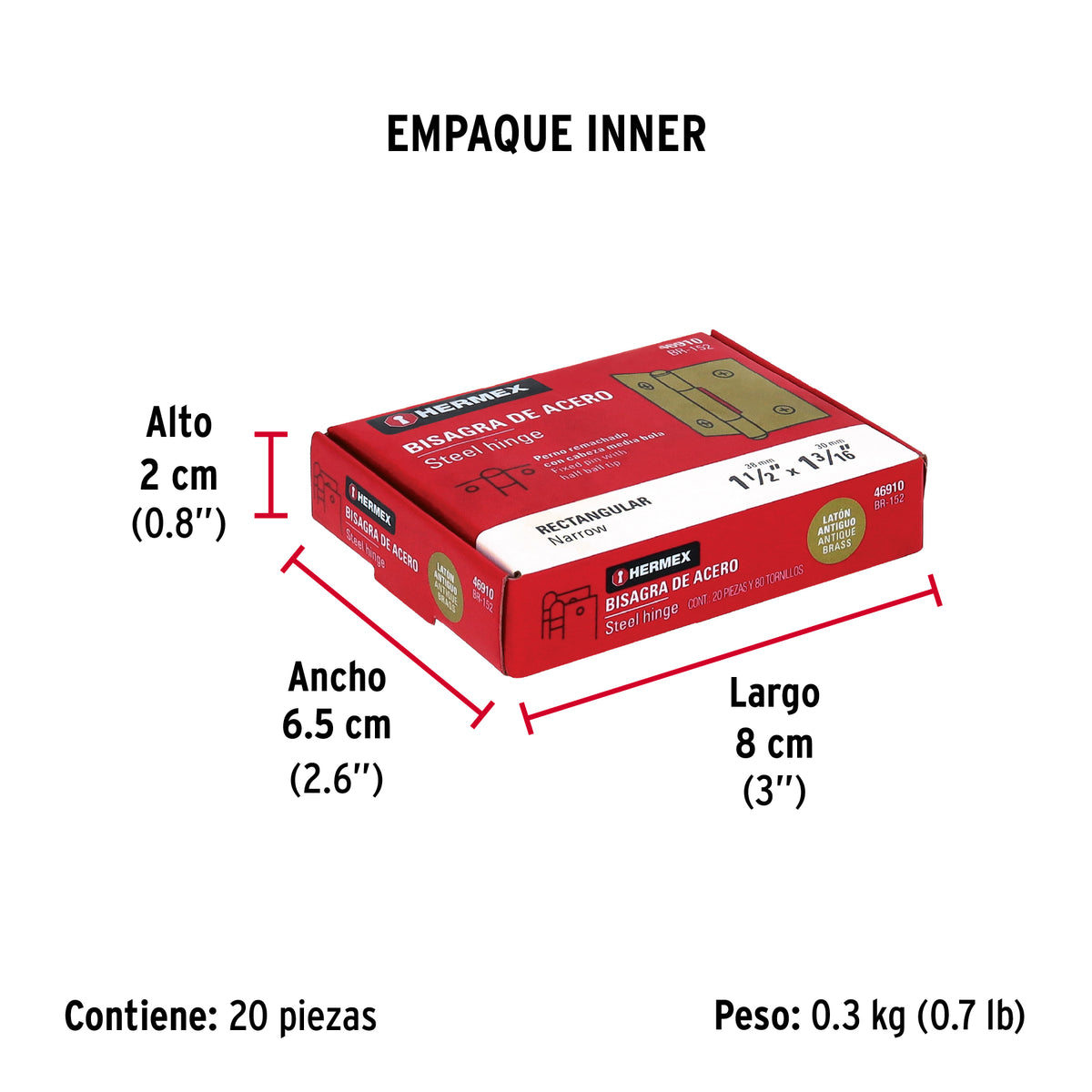 Bisagra rectangular 1-1/2' latón antiguo, Hermex