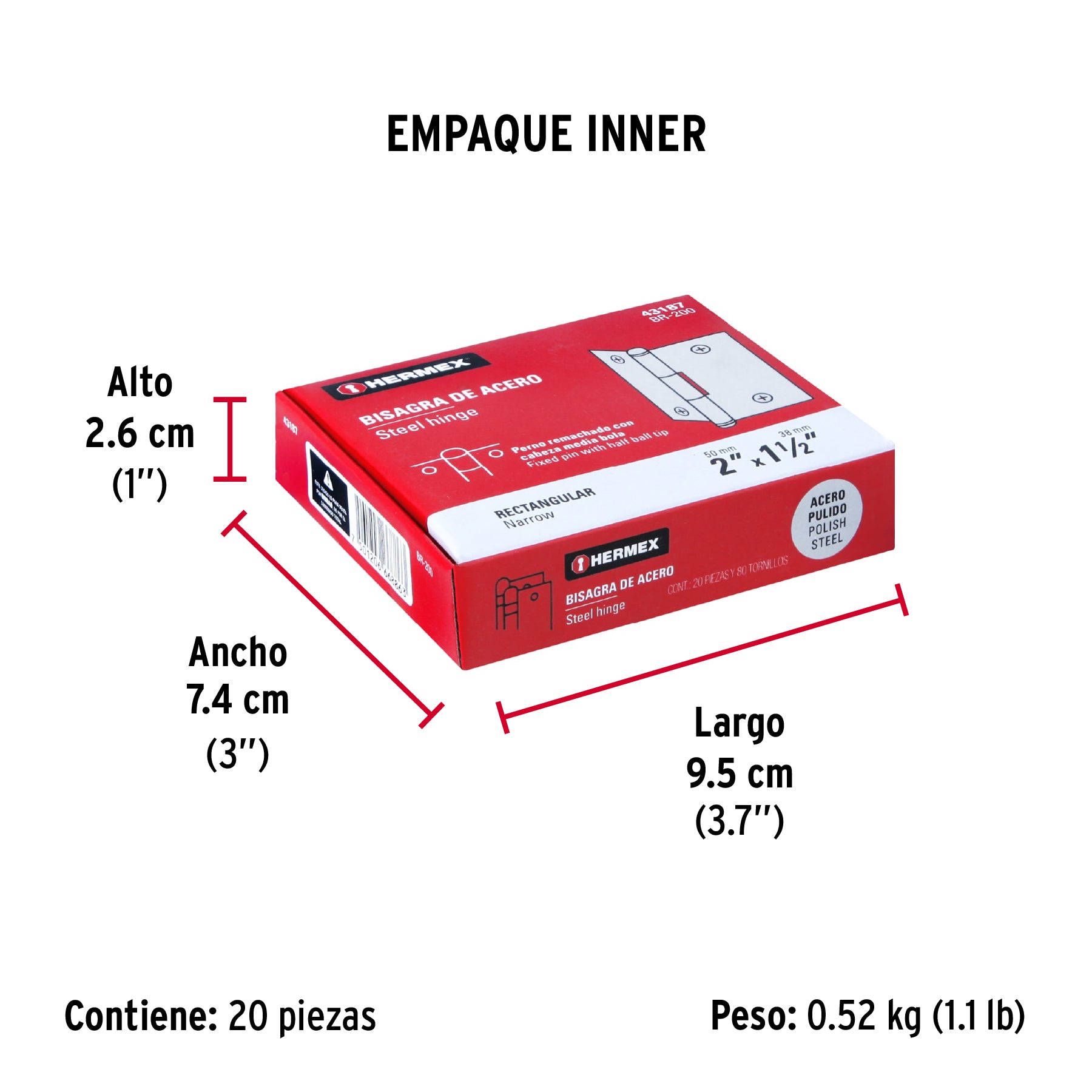 Bisagra rectangular 2", acero pulido