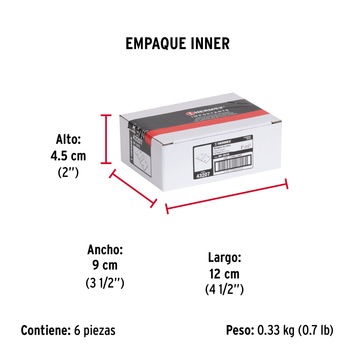 Bisagra rectangular 2", latón, blister con 2 pzas