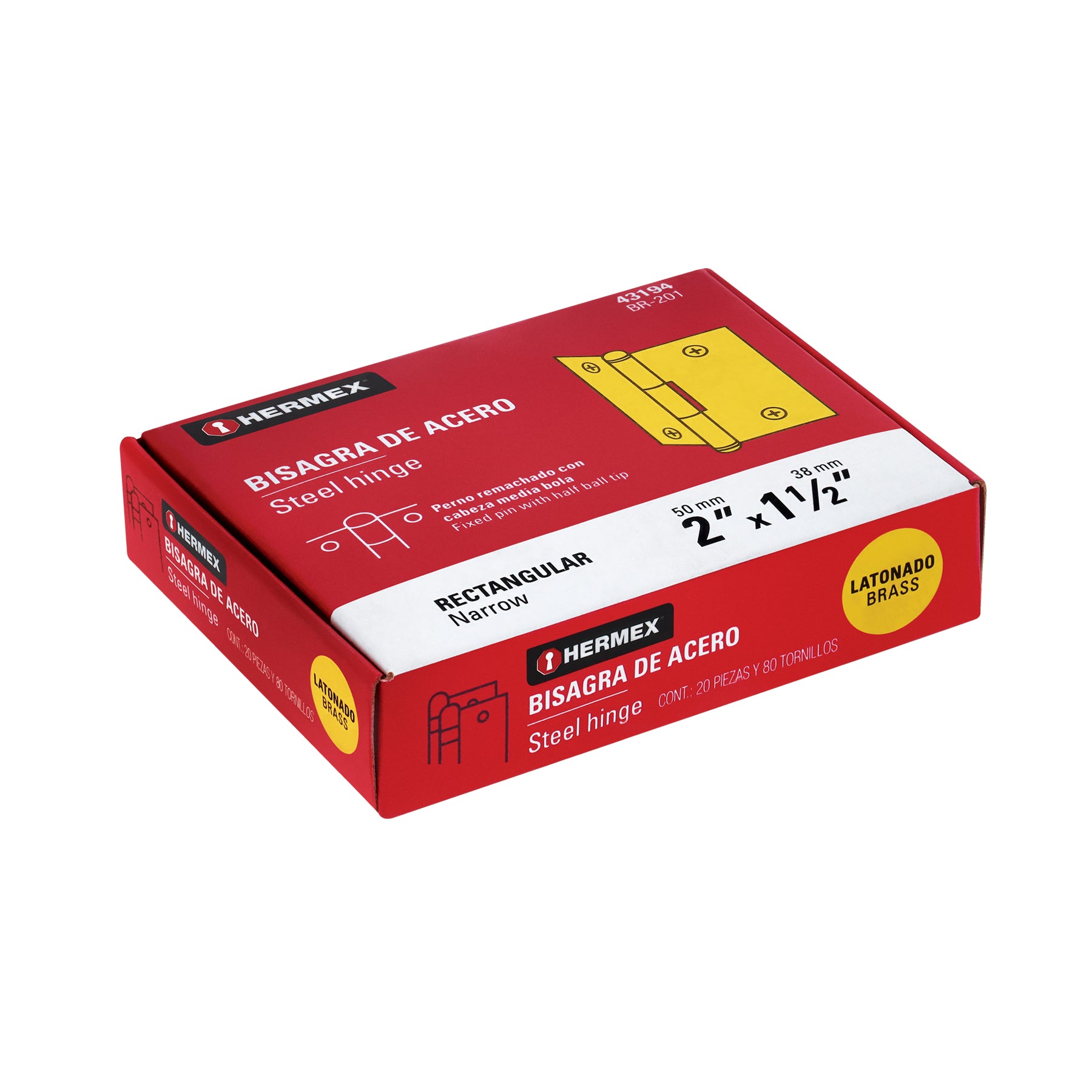 Bisagra rectangular 2", acero latonado