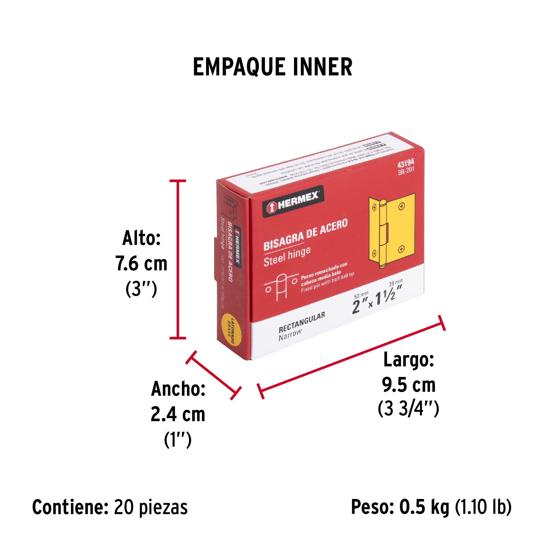 Bisagra rectangular 2", acero latonado