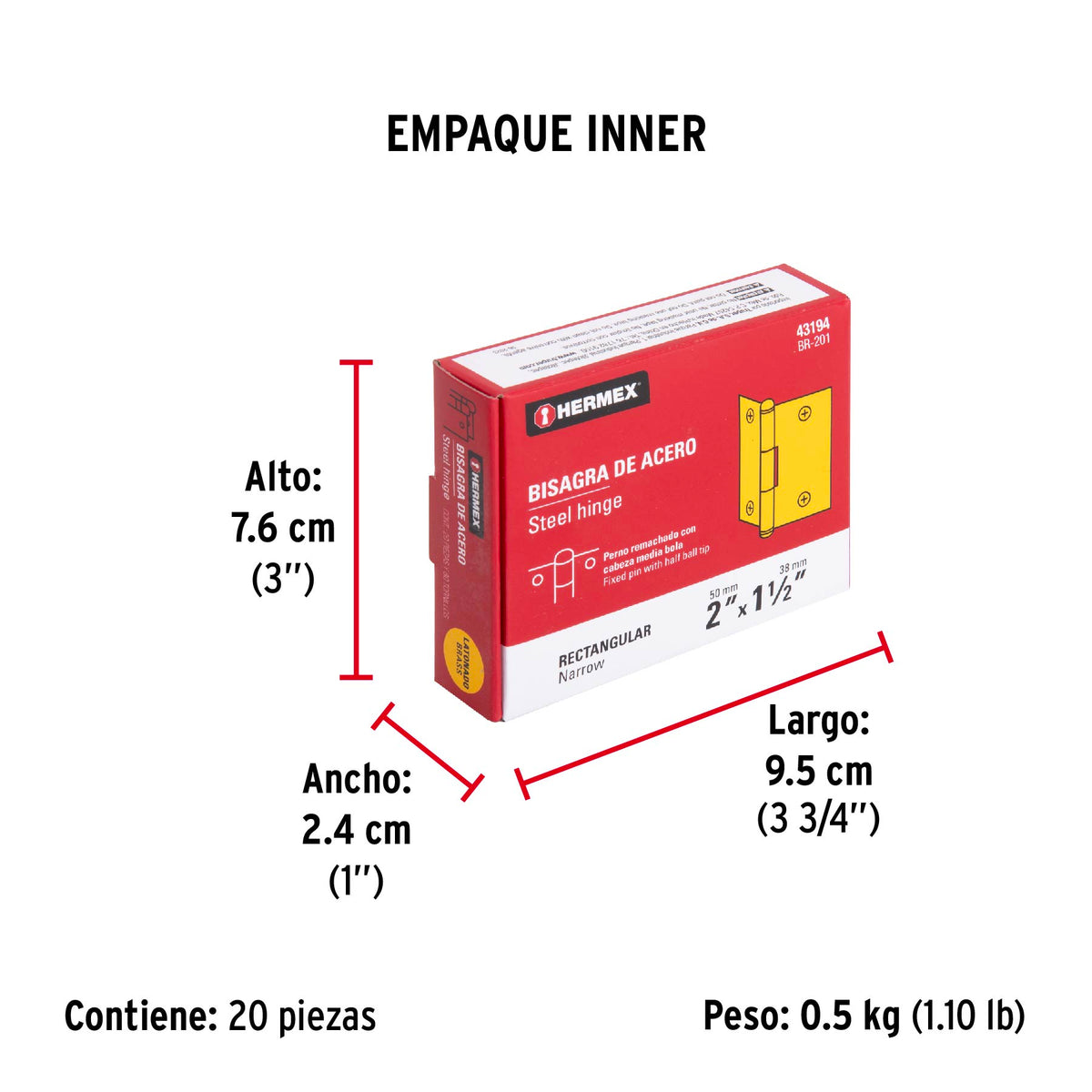 Bisagra rectangular 2", acero latonado