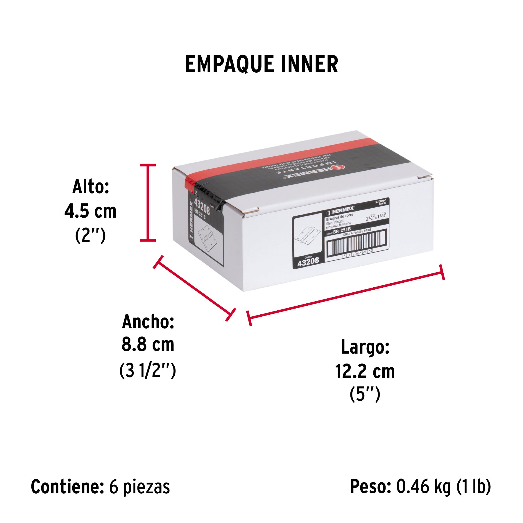 Bisagra rectangular 2-1/2", latón, blister con 2 pzas