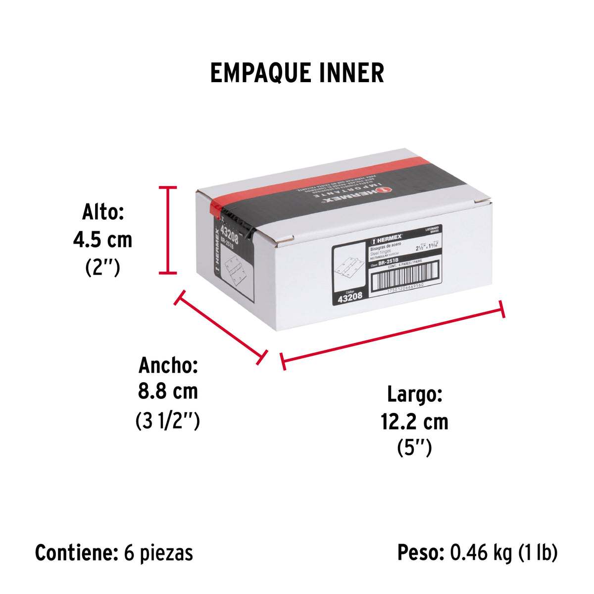 Bisagra rectangular 2-1/2", latón, blister con 2 pzas
