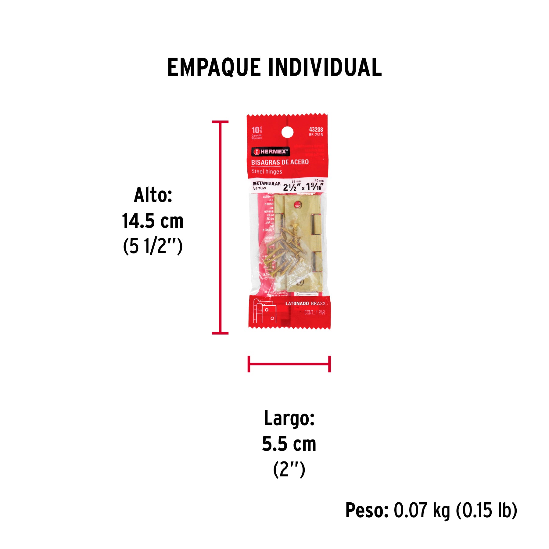 Bisagra rectangular 2-1/2", latón, blister con 2 pzas